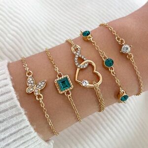 Set of 5 Elegant Gold and Emerald Bracelets - Butterfly and Heart (NEW)